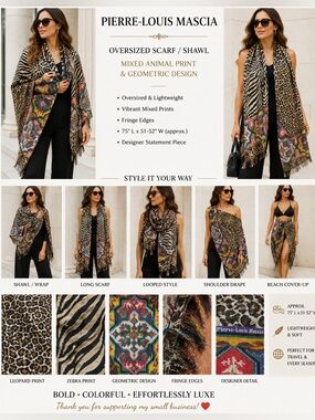 Pierre-Louis Mascia Oversized Scarf Shawl Animal Print Zebra Leopard Multicolor